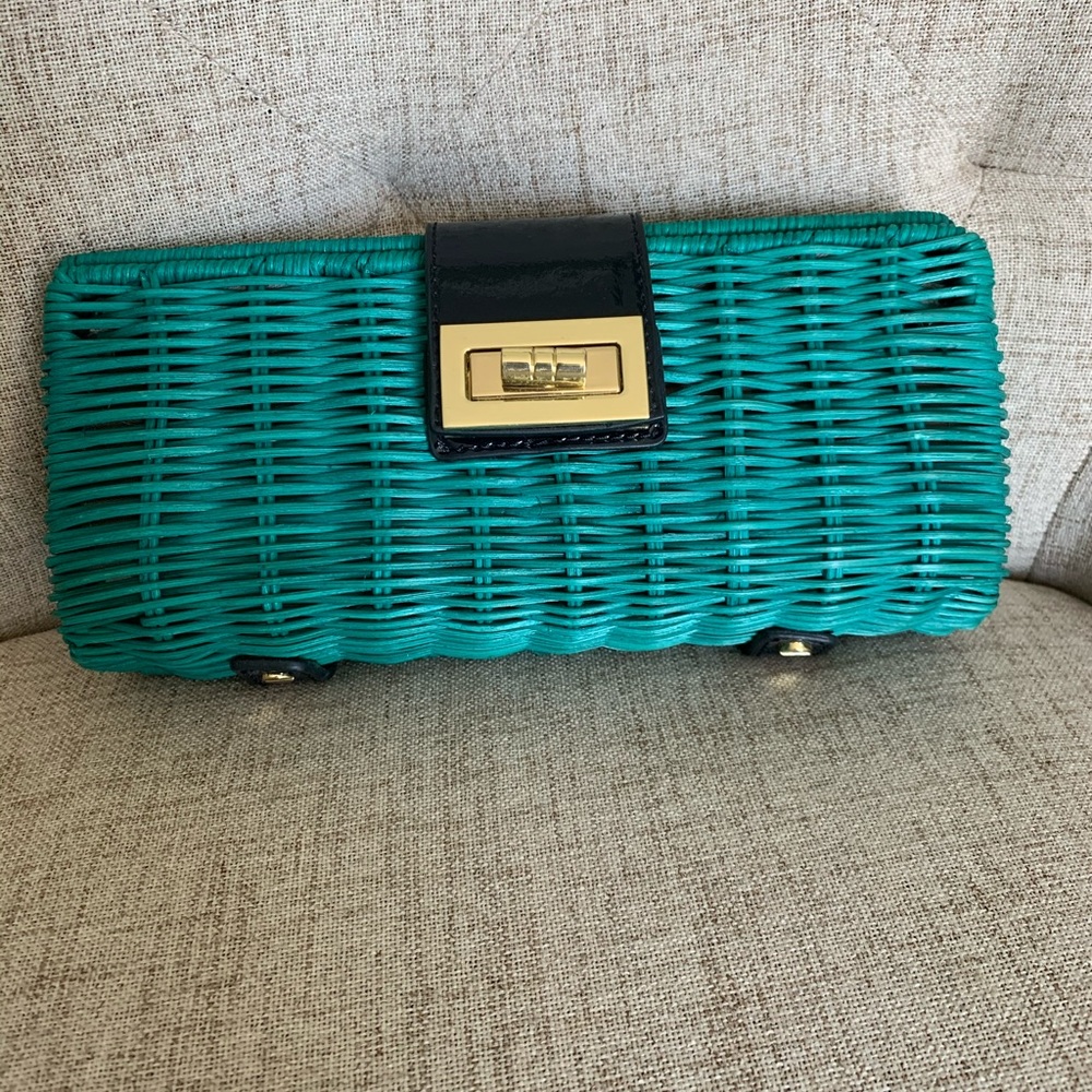 J Crew Teal Rattan clutch with gold accent